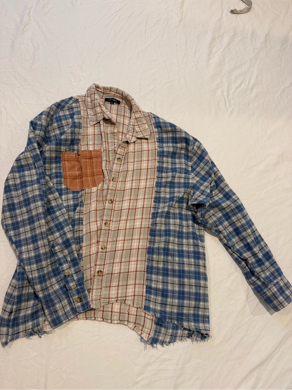 Papermoon Blue and Tan Plaid Patchwork Button-Down Shirt